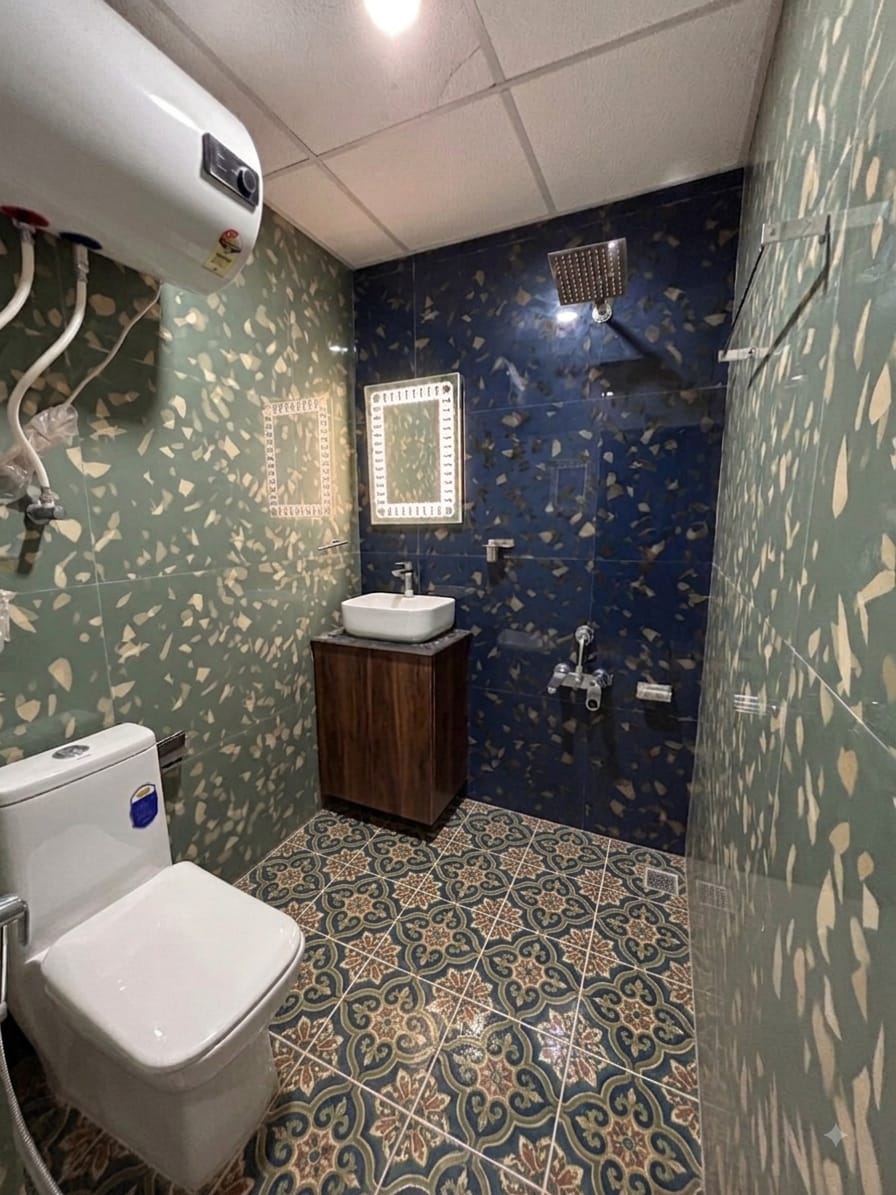 Modern blue and sage tiled suite bathroom