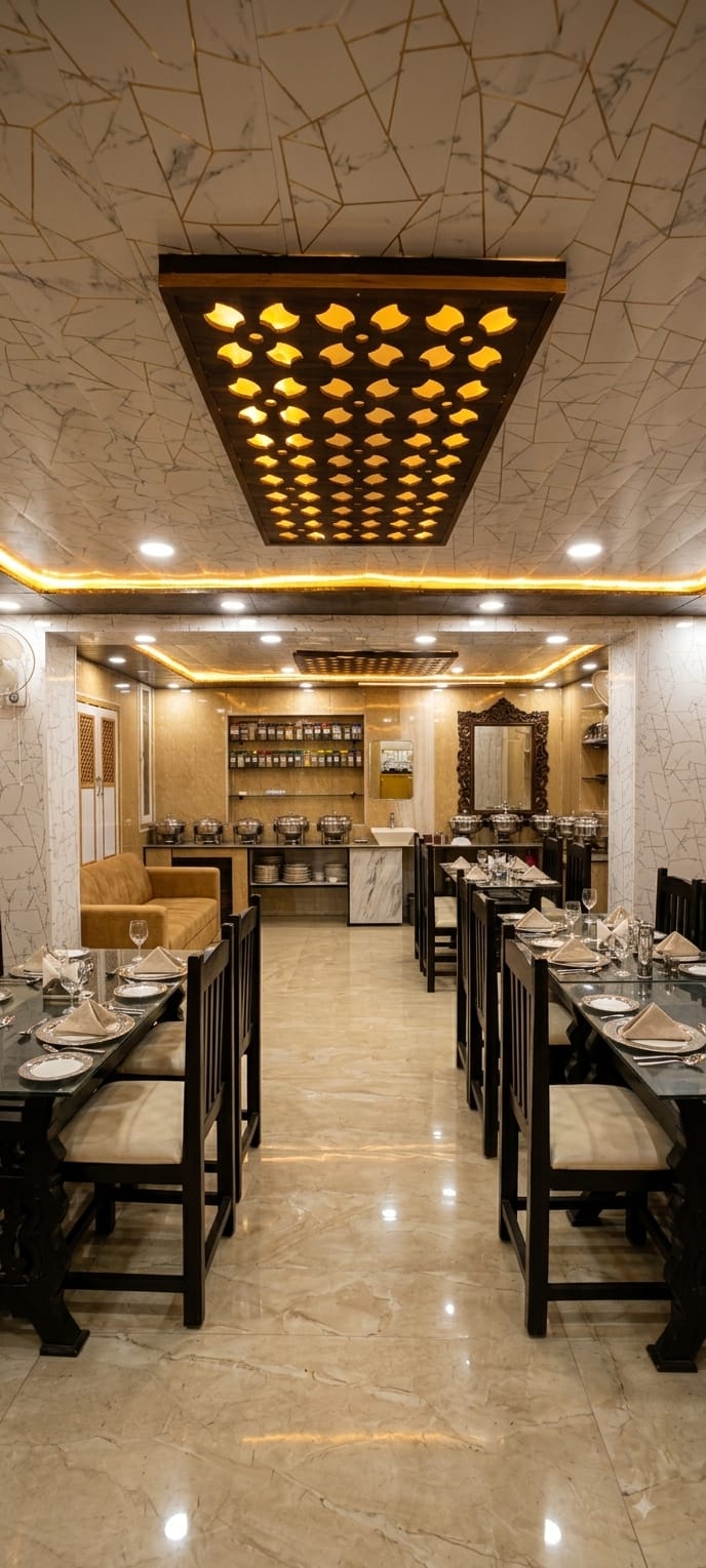 In-house dining hall set for guests at Hotel Luxury Suites Srinagar