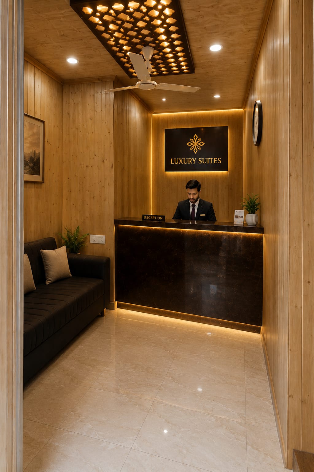Warm wood-panelled reception desk at Hotel Luxury Suites Srinagar